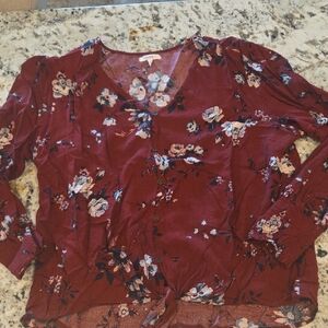Maurices Burgundy Floral Button-Up Tie-Hem Blouse